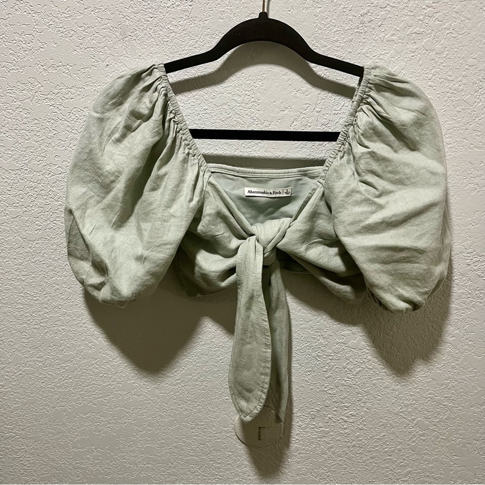 Abercrombie & Fitch Slate Green Linen Blend Puff Sleeve Tie Front Crop Top